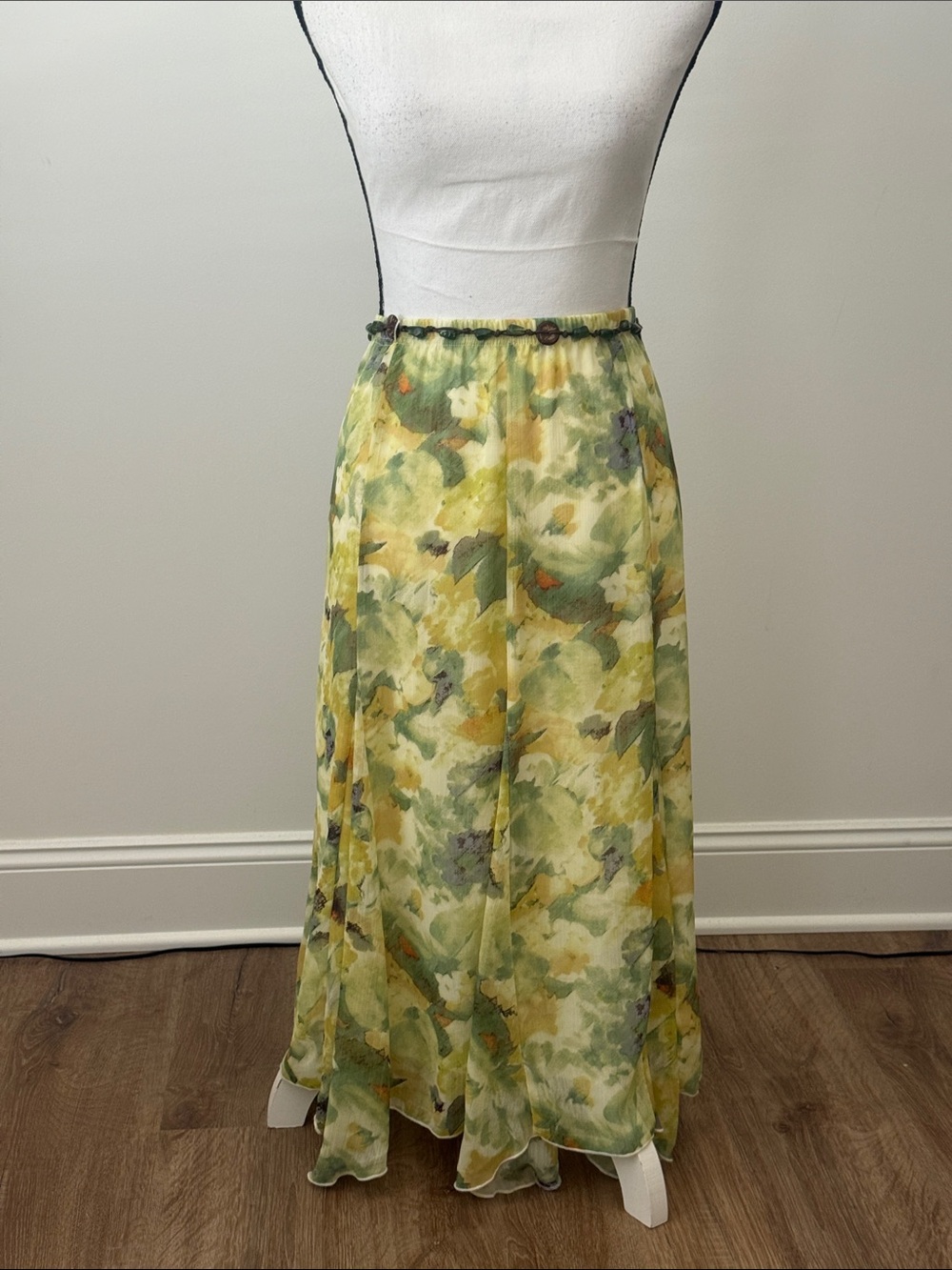Dress Barn Yellow and Green Floral Chiffon Maxi Skirt